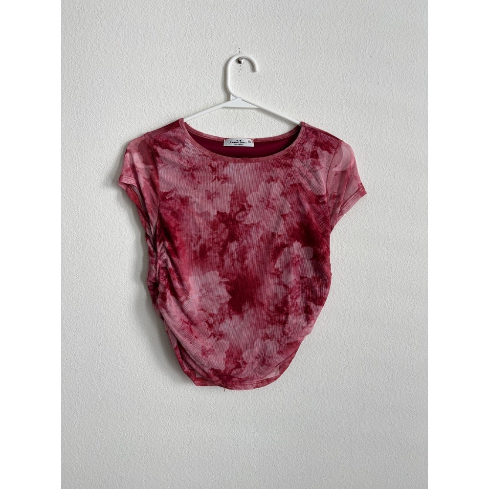 Rebellious Dreamer Blouse Top Womens Medium Red Tie Dye Floral Mesh Short Sleeve